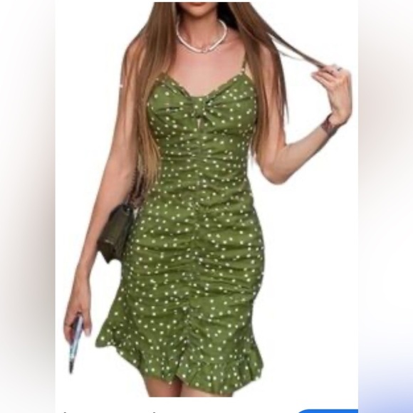 NWT ZARA Green Polka Dot Ruched Dress Sz Medium - Picture 1 of 8